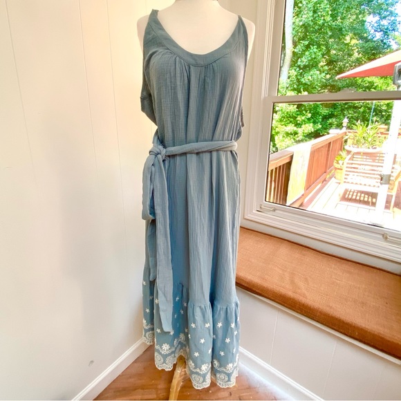 SECRET MISSION Anita Double Cotton Belted Midi Dress L Dusty Blue - Picture 3 of 8